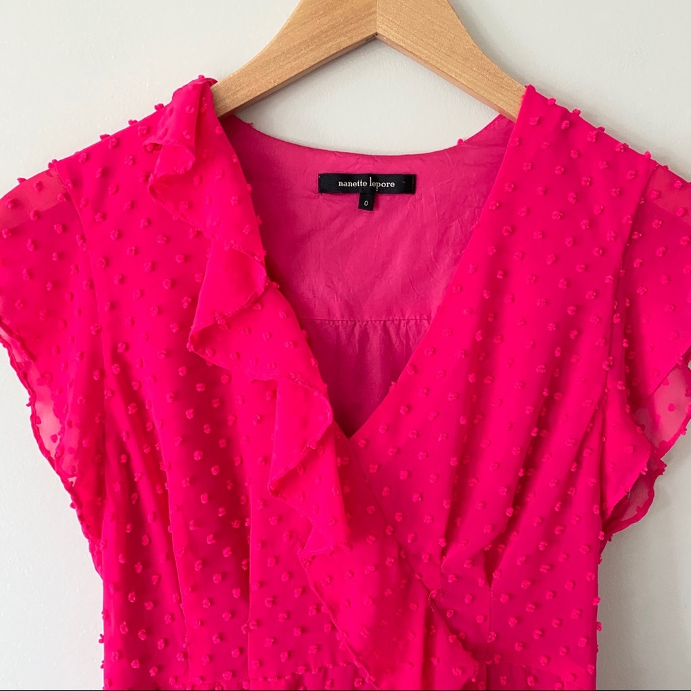 Nanette Lepore Fuchsia Swiss Dot Ruffle Faux Wrap Dress Hot Pink Size 0 - Picture 7 of 12